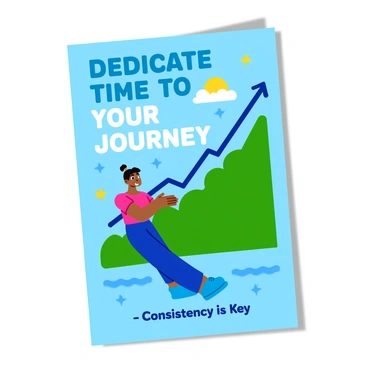 A vibrant motivational poster featuring the quote "Dedicate Time to Your Journey" prominently displayed at the top in bold, dynamic lettering. Below the quote, there is an illustrated image of a person practicing jelqing in a discreet and abstract manner, to maintain respectfulness. The background is filled with energetic designs showcasing symbols of improvement, such as ascending arrows and stars, creating an atmosphere of growth and encouragement. At the bottom of the poster, a smaller quote reads, "Consistency is Key," emphasizing the importance of regular practice. The overall color scheme is bright and engaging, using shades of blue and green to promote a sense of action and motivation.
