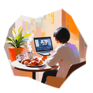 A person with medium skin tone and short black hair is sitting at a small round table in a cozy café. They are focused on their laptop screen, engaged in video editing. A cup of steaming coffee and a plate with an assortment of pastries, including a croissant and a muffin, are placed nearby on the table. The café has warm lighting and a few potted plants in the background, adding to the comfortable atmosphere. The person's expression shows concentration as they adjust the video clips on their screen.