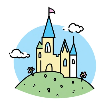 A whimsical castle with tall, pointed towers and a flag fluttering at the top is perched on a green hilltop. The castle is made of light-colored stone with ornate decorations and large arched windows. Fluffy white clouds surround the castle, creating a soft, dreamlike atmosphere. The hill is dotted with small colorful flowers, adding a touch of vibrancy to the scene. A clear blue sky is visible in the background, enhancing the enchanting setting of the castle.