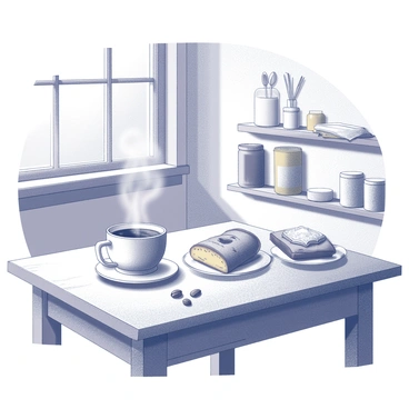 A rustic kitchen table made of weathered wood. On the table, there is a steaming cup of coffee with steam rising from it. Next to the coffee, there are several pastries, including a cinnamon bun and a slice of cardamom bread, arranged neatly on a small plate. The background features kitchen elements such as a wooden shelf with jars and utensils. Soft, natural light streams in through a nearby window, highlighting the inviting atmosphere of the scene. On the table, there are also a few scattered coffee beans and a cloth napkin. The setting conveys a sense of warmth and comfort.