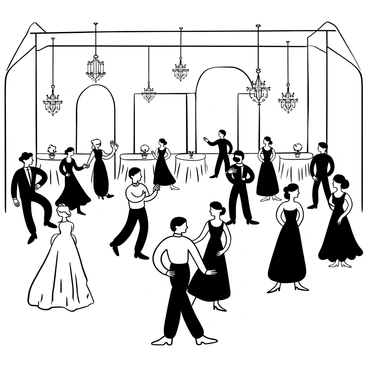 A spacious ballroom filled with elegantly dressed guests in exquisite evening dresses. The guests are engaged in conversation and dancing, creating a sense of lively movement. Chandeliers hang from the ceiling, casting intricate shadows on the polished floor. Tables adorned with fine tableware and floral centerpieces are placed around the room. A large archway leads to another area, inviting guests to explore further into the event. The overall atmosphere is one of sophistication and celebration.