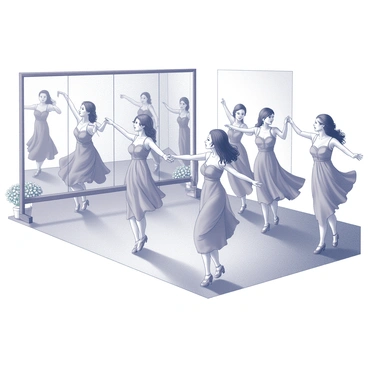 A group of bridesmaids is positioned in a spacious dance studio, various mirrors reflecting their determination. Each bridesmaid wears a matching outfit, designed in a flowing fabric, with intricate details visible throughout. They are practicing a dance routine, showcasing their synchronized movements. Some bridesmaids are in mid-spin, while others are preparing for a coordinated step. The room is filled with an atmosphere of excitement as they focus on perfecting their choreography, the expressions on their faces displaying a mix of concentration and joy. A few bouquets of flowers are placed neatly in the corner, adding a wedding-themed touch to the scene.