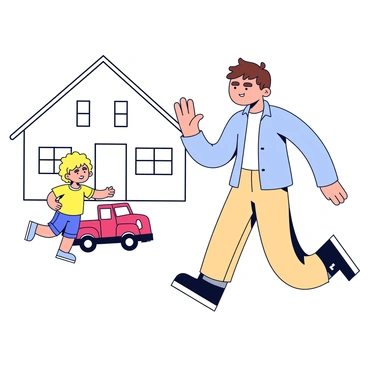 A person with a neutral expression is walking past a house. The person has short brown hair and is wearing a light blue shirt and beige pants. They are waving their right hand in a friendly manner. In the yard, a child is playing with a red toy truck. The child has curly blonde hair and is wearing a yellow t-shirt and denim shorts. The house in the background has white walls and a slanted roof.