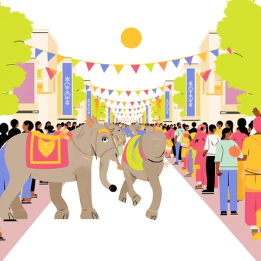 A street filled with colorful decorations and festive banners. "Decorated elephants" with ornate trappings in bright colors, such as red, gold, and blue, are walking alongside "beautiful horses" adorned with vibrant garlands and intricate saddle designs. Crowds of people are gathered on both sides of the street, cheering and celebrating as the animals parade by. Some individuals are holding "traditional dahi handi pots," while others are dressed in colorful traditional attire, adding to the lively atmosphere of the celebration. The sun is shining, illuminating the joyful scene.