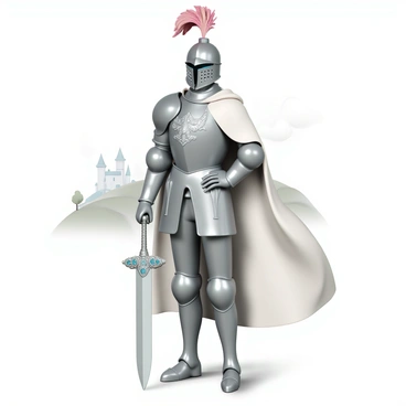 A brave medieval knight, wearing shining silver armor embellished with intricate engravings, stands confidently on a one-eighth illustration board. The knight's helmet features a plume of vibrant red feathers flowing from the top, and the visor is lifted, revealing determined blue eyes. In one hand, the knight holds a gleaming sword with a jeweled hilt, resting it on the ground, while the other hand rests on the hip. The background includes a subtle hint of a castle and gently rolling hills, enhancing the knight's heroic presence. The knight's cape billows slightly in an imaginary breeze, adding a sense of movement to the scene.