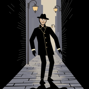 The Tin Man is depicted wearing a classic detective hat, with a shiny metallic surface reflecting the dim light. He is stealthily moving through a narrow, shadowy alley, surrounded by tall brick walls that loom on either side. The cobblestone ground beneath him is damp, glistening with puddles from a recent rain. In the background, faint outlines of vintage street lamps cast flickering shadows, enhancing the mysterious atmosphere of the scene.