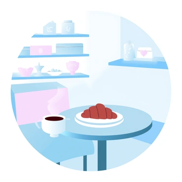 A cozy cafe corner features a small round table set for breakfast. The table is adorned with a light blue tablecloth and a white ceramic plate holding a croissant and a small bowl of fruit. A steaming cup of coffee sits beside the plate. In the background, there are colors and patterns reminiscent of "Tiffany's," with elegant displays of jewelry and decorative boxes arranged on a shelf. Soft lighting illuminates the scene, creating a warm and inviting atmosphere. The overall setting conveys a sense of charm and tranquility.