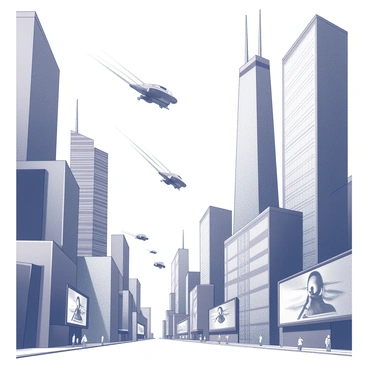 A busy urban environment filled with towering glass buildings that stretch into the sky. The architecture is sleek and modern, showcasing a variety of geometric shapes and reflective surfaces. Numerous flying cars zip through the air, leaving trails behind them as they navigate between the skyscrapers. People are visible on the streets below, engaged in various activities. Large digital billboards add to the vibrant atmosphere, displaying advertisements and animated images. The overall scene conveys a sense of advanced technology and dynamic movement.