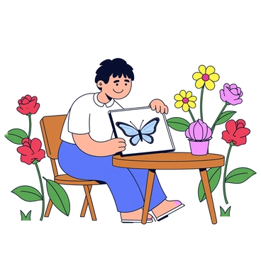 An artist sitting at a small wooden table in a garden. The artist has short black hair and is wearing a white shirt. In front of the artist is a sketchbook opened to a page with a detailed drawing of a butterfly with intricate wing patterns. The garden features a variety of colorful flowers, including red roses and yellow daisies, surrounding the artist. A few green leaves and blades of grass are visible in the foreground. The sunlight casts gentle shadows, enhancing the peaceful atmosphere of the scene.