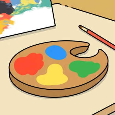 A wooden artist's palette with a variety of paint blobs scattered across its surface. The palette has a rounded shape with a thumb hole cut out. Each paint blob is a different color, including bright red, vibrant blue, sunny yellow, and deep green, suggesting a lively composition. The palette is resting on a light-colored table, with a few paintbrushes scattered nearby. In the background, a partially finished canvas can be seen, showcasing a mix of colors that hint at the painting being created.