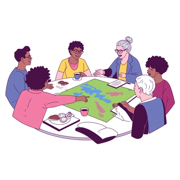 A diverse group of community members is seated around a large round table. There are individuals of various ages and ethnic backgrounds, each engaged in conversation. One person, with short black hair and glasses, is pointing towards a large map spread across the table. Another person, an elderly woman with gray hair tied in a bun, is taking notes in a small notepad. A young man with curly hair is speaking animatedly, gesturing with his hands. In the center, there are cups of coffee and pastries on the table, creating a welcoming atmosphere. Each person has a focused expression as they collaborate on addressing local issues.