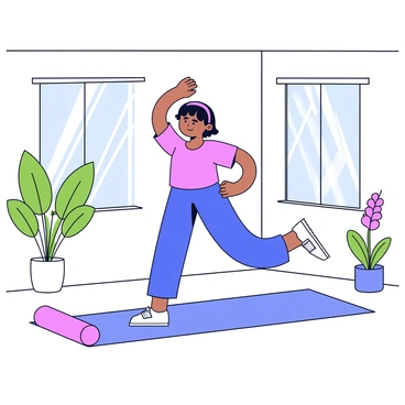 A person is performing standing side crunches in a bright, airy room. The individual has a focused expression, with one arm raised above their head and the other bent at the waist. Rays of light stream through large windows, illuminating the space. The walls of the room are painted a soft white, and there are a few indoor plants in the corners, adding a touch of green. The floor is a light wood, enhancing the room's brightness. A yoga mat is placed on the floor nearby.