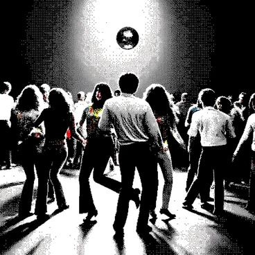 A 1970s disco dance floor is filled with people dancing energetically. The dancers are wearing colorful bell-bottoms, with some sporting patterned shirts. The floor is shiny and reflects their movements. Above them, a large disco ball is spinning, casting light patterns across the crowd. The atmosphere is lively, with a mix of individuals showing various dance styles. Their expressions convey excitement and joy as they enjoy the vibrant environment.