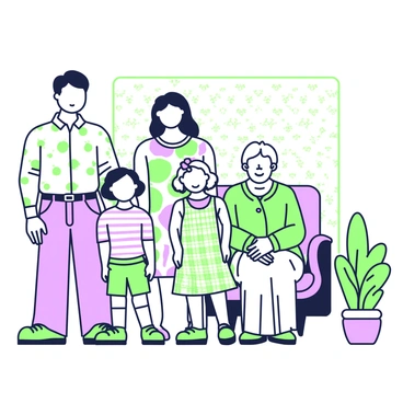 A family portrait from the 1970s features five members standing together in a cozy living room. The father, wearing a patterned shirt and bell-bottom jeans, stands proudly on the left with a warm smile. Next to him, the mother dons a floral dress with wide sleeves, her hair styled in loose waves. Two children, a boy and a girl, stand in the middle. The boy is wearing a striped t-shirt and shorts, while the girl sports a gingham dress with a large ribbon in her hair. On the far right, a grandmother figure is seated, dressed in a long skirt and a cardigan, with a gentle smile on her face. The background includes wallpaper typical of the era and a potted plant, adding to the nostalgic atmosphere.