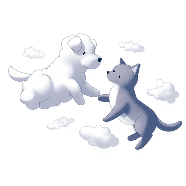 A cute cloud shaped like a dog and a cat playing together in the sky