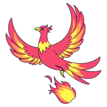 A vibrant phoenix with feathers in bright shades of red, orange, and yellow. The bird is depicted in mid-flight, with its wings spread wide, showcasing the intricate patterns of the feathers. Surrounding the phoenix are flames that flicker and dance, with sharp, upward movements. The background is minimalistic to emphasize the phoenix and the flames, with the light reflecting off the fiery feathers.
