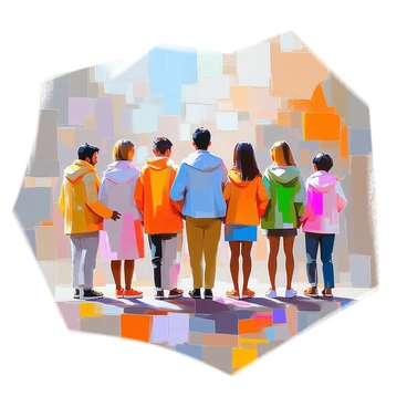 A mosaic composed of vibrant, colorful tiles that create the image of a united community. The tiles vary in size, shape, and hue, showcasing shades of blue, green, red, yellow, and orange. The image portrays diverse figures representing community members standing together, symbolizing unity and harmony. Each figure is distinct, reflecting different cultures and backgrounds, with features including varying hair styles, clothing, and expressions. The mosaic is set against a textured surface that enhances its colorful appeal, making the overall composition dynamic and engaging.