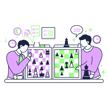A chess board is positioned on a table with two simultaneous games being played side by side. The left game features a white set of pieces with a knight and a rook prominently displayed, while the black pieces are arranged strategically. The right game showcases a vibrant mix of white and black pieces, with a queen and a pawn in advanced positions. Each game has a distinct player, one focused and deep in thought, the other engaged in discussion with an observer. The surroundings include a few scattered chess timers and a notepad with annotations on tactics.