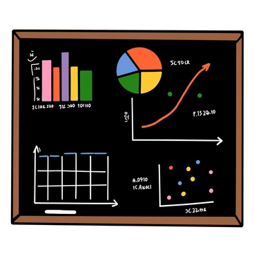 An illustration of a chalkboard covered with various types of graphs used in statistics. The chalkboard features a bar graph with colorful bars representing different categories. Next to it, there is a pie chart divided into vibrant segments, each labeled with percentages. A line graph is depicted with a bold line tracing upward and downward trends, accompanied by data points. Additionally, a scatter plot is included, showing a series of dots scattered across a grid, indicating data distribution. Each graph has clear labels and annotations, providing a detailed visual representation of statistical concepts.
