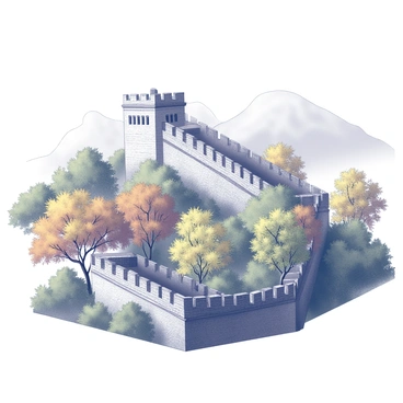 The Great Wall of China stretches across the landscape, showcasing its ancient stones and battlements. It winds along the rugged terrain, climbing over hills and valleys. Surrounding the wall, a variety of trees with leaves transitioning into shades of green, yellow, and orange provide a striking contrast to the stone structure. The scene captures the essence of autumn, with the trees densely packed and their branches partially extending over the wall, framing it beautifully against the backdrop of the mountainous scenery.