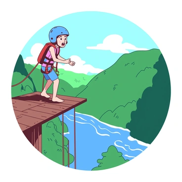 An individual with a blue helmet is standing on the edge of a tall bungee jumping platform, looking down at the ground with wide eyes filled with excitement and apprehension. The platform is made of sturdy wood, and ropes are attached securely. Below, the landscape features green trees and a shimmering blue river that flows through the valley. The sky above is clear, allowing sunlight to reflect off the individual's protective gear, which is a vibrant red. The bungee cord is coiled at their feet, ready for the jump.