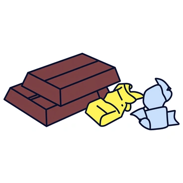 Four chocolate bars with dark brown wrappers stacked neatly on each other. Next to the stack, there are three crumpled wrappers in shades of silver and gold, positioned to visually represent the fraction "4/3". The background is plain to emphasize the chocolate bars and wrappers.