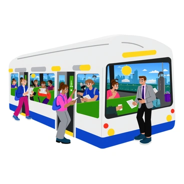 A white city bus filled with commuters during the busy morning rush hour. Inside, several people are seated, with some holding coffee cups and reading newspapers. A young woman in a blue backpack is looking out the window, while a man in a gray suit is texting on his phone. The bus has bright overhead lights, and advertisements are displayed on the walls. The atmosphere is lively as people engage in quiet conversations. Outside the window, a bustling city street with cars and pedestrians is visible.