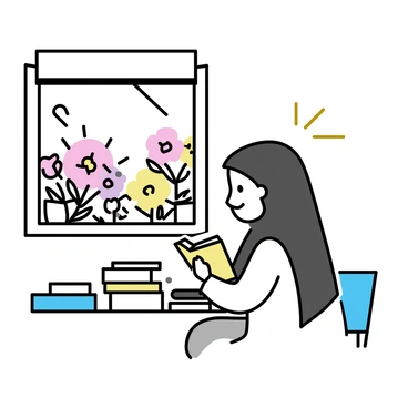 A Muslim girl, wearing a hijab, is sitting at a wooden desk. She is focused on reading a book, surrounded by several open books and various stationery items like pens and notebooks. The desk is positioned near a window, through which a view of blooming flowers is visible, showcasing vibrant colors and lush petals outside. The sunlight streams in, illuminating her study area and highlighting her concentration.