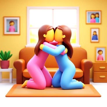 Two sisters in a living room, wearing matching pajamas. They are sharing a tight hug, showcasing their joy and connection. The sisters have long brown hair, and one is wearing pink pajamas while the other is in a light blue set. The living room features a cozy sofa and a warm, inviting light. There are family photos on the walls, and a soft rug on the floor. The atmosphere feels warm and loving.