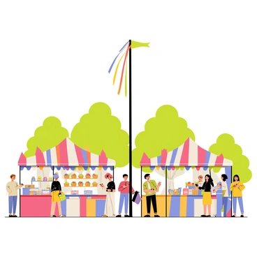 A country fair scene featuring a tall, colorful maypole at the center, adorned with bright ribbons flowing from the top. Surrounding the maypole are several vendor booths, each decorated with striped awnings in various colors. The booths display an assortment of goods, including baskets of fresh fruits, handmade crafts, and colorful candies. Attendees, including families and children, are gathered around the booths, some tasting treats while others browse the offerings. In the background, green trees and a clear blue sky create a lively atmosphere for the fair.