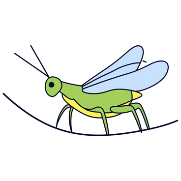 A cartoon illustration of a locust with a slender body and long antennae. The locust is depicted in shades of green and yellow, with smooth gradients transitioning between colors. Its wings are translucent and delicately veined, giving a sense of lightness. The locust is sitting on a simple branch, with a light background to emphasize its features.