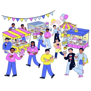 A bustling street festival scene filled with colorful food stalls and artisans. There are various food stalls with bright awnings, offering a variety of traditional foods displayed on tables. Artisans are showcasing their crafts, with items such as pottery, woven textiles, and handmade jewelry displayed on cloth-covered tables. There are people walking around, some holding food, while others are admiring the crafts. Balloons and banners hang above the street, adding a festive atmosphere.
