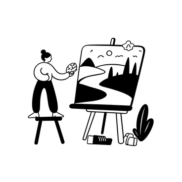 A tiny artist standing on a stool, holding a paintbrush in one hand and a palette in the other. The artist is focused on creating a large landscape depicted on an oversized canvas, which features rolling hills, tall trees, and a winding river. The canvas is propped up on an easel, and paint splatters can be seen around the base of the canvas, indicating the artist's creative process. A collection of paint tubes is scattered around the artist on the ground, emphasizing the scale difference between the artist and the canvas.