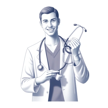 A portrait of a doctor smiling while wearing a white coat. The doctor is holding a stethoscope in one hand, which hangs around their neck. The facial expression is warm and inviting, with the doctor looking directly at the viewer. The background is simple and focused on the doctor, emphasizing their professional attire and the medical instrument. The stethoscope has a detailed design, with the earpieces and tubing clearly visible.