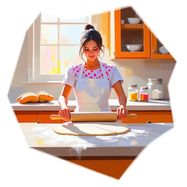 A housewife with medium skin and long, wavy hair tied back, is rolling out a sheet of dough on a wooden countertop in a vintage kitchen. She is wearing a colorful polka dot apron over a simple dress. On the countertop, there are flour scattered around and a rolling pin in her hands. Behind her, there are wooden cabinets adorned with ceramic dishes and jars filled with ingredients. Sunlight streams in through a window, illuminating the warm tones of the kitchen and creating a cozy atmosphere.