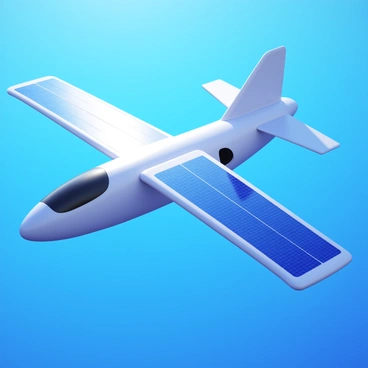 An electric plane with sleek aerodynamic features. The aircraft is equipped with large, glossy solar panels that reflect sunlight, creating shimmering highlights. The plane is positioned against a clear blue sky, emphasizing its modern design. The solar panels are intricately detailed, showing the grid pattern on their surfaces. The wings of the plane are extended, showcasing their impressive span and structure. Sunlight casts soft shadows on the fuselage, highlighting its contours.