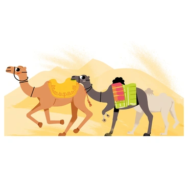 A caravan of three camels trudges through a swirling sandstorm in the desert. The first camel is a light brown color with a yellow saddle adorned with intricate patterns. Its large, expressive eyes peer through the blowing sand. The second camel is a darker shade, carrying a colorful blanket draped over its back. The third camel is a lighter beige, with tufts of fur ruffled by the wind. In the background, the dunes rise and fall, partially obscured by the thick, golden sand swirling around. The atmosphere is filled with particles of sand, giving a sense of motion and intensity to the scene.