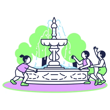 A group of children is playing around a classic stone fountain in a park. The fountain is made of aged stone with intricate carvings and water jets that arc gracefully into the air. The children, wearing colorful summer outfits, are running and splashing water at each other. One child is crouched down, trying to catch the water droplets with hands cupped, while another child stands nearby, laughing with hands raised high. In the background, green trees provide shade, and a well-trodden path circles the fountain area. The sunlight casts playful shadows on the ground, highlighting the joy of the scene.