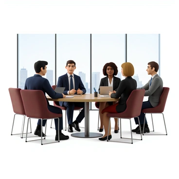 A group of four professionals engaged in a discussion about investments inside a glass-walled conference room. Two men and two women are seated around a modern conference table made of polished wood. One man has short black hair and is wearing a navy blue suit with a white shirt and a dark tie. The second man has light brown hair and is dressed in a grey suit with a light blue shirt. One woman has curly brown hair styled in a bun, wearing a fitted black blazer over a white blouse. The other woman has straight blonde hair and is dressed in a red dress. They are using a laptop and have notebooks and pens on the table. Large windows provide a view of a city skyline in the background, letting in natural light.