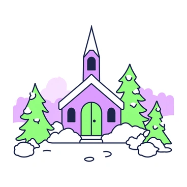A quaint chapel stands in a serene landscape, its steeple rising above the ground. The chapel has a rustic wooden door and tall, narrow windows. Snow blankets the roof, adding to the winter scene. Surrounding the chapel, several pine trees are laden with snow, their branches heavy and drooping. The ground is covered in a thick layer of white snow, creating a tranquil atmosphere. In the background, the horizon is gently obscured by a soft mist, enhancing the peacefulness of the setting.