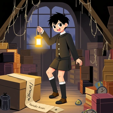 A young boy with short black hair, dressed in a dark school uniform, is searching through a dusty, mysterious school attic. He is holding a small lantern that casts a warm glow around him. The attic is filled with old wooden boxes, cobwebs hanging from the rafters, and stacks of forgotten books. In the background, there are dimly lit windows revealing shadows of the outside world. Various antique items, such as an old clock and a broken mirror, are scattered throughout the space, adding to the atmosphere of intrigue. "Hanako-kun" is written on a piece of parchment lying on one of the boxes, hinting at his identity.