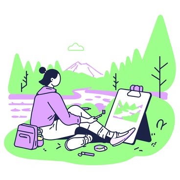 A traveler is sitting on a grassy riverbank, focused on sketching a scenic view on a 1/16 illustration board placed on their lap. The traveler has medium-length hair pulled back and is wearing a light jacket and comfortable trousers. In front of them, the flowing river reflects the surrounding greenery. To the side, a small backpack is resting on the ground, next to a few art supplies, including pencils and erasers. In the background, trees line the riverbank, and a distant hill can be seen under a clear sky.