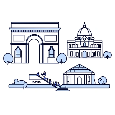 A collage featuring three famous Paris landmarks. The "Arc de Triomphe" stands prominently, showcasing its detailed arch and surrounding streets. Beside it is the "Sacré-Cœur," characterized by its white domes and steps, with visitors sitting on the steps. The "Louvre" is depicted with its iconic glass pyramid entrance and the historic building behind it. Each landmark is arranged harmoniously, capturing the essence of Paris.