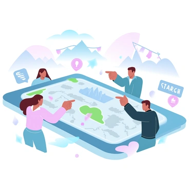 A group of people is gathered around a large festival map that is spread out on a table. The map features colorful attractions and stages clearly highlighted in different shades. The individuals are pointing at various locations on the map, discussing the best routes to take. Several informational signs with icons and symbols flank the sides of the map, adding to the vibrant atmosphere of the festival. In the background, tents and banners can be seen, indicating a lively celebration.