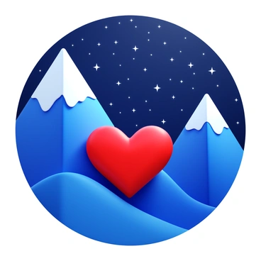 A heart shape nestled between two majestic mountain peaks. The mountains have rugged, snow-capped summits and steep slopes. The sky is filled with countless stars twinkling brightly, creating a deep contrast with the dark night. The heart appears vibrant and vivid, drawing attention in the serene mountain landscape.