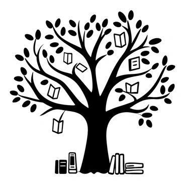 A large tree with a sturdy trunk and extensive branches. The branches are filled with books hanging from them instead of leaves. Each book is open, showcasing various pages. The ground below is scattered with more books, some lying flat and others leaning against the tree. The scene is framed by the outline of the tree, emphasizing the unique transformation of books as foliage.