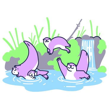 A group of otters is frolicking in a flowing river. There are four otters swimming playfully, each one with a smooth, sleek body and short limbs. One otter is diving underwater, creating ripples on the surface. Another otter is standing on a rock with its paws raised, while a third one is sliding down a small waterfall. In the background, there are lush green plants along the riverbank, and a few fallen branches partially submerged in the water. The river's current adds dynamic movement to the scene, enhancing the playful atmosphere.