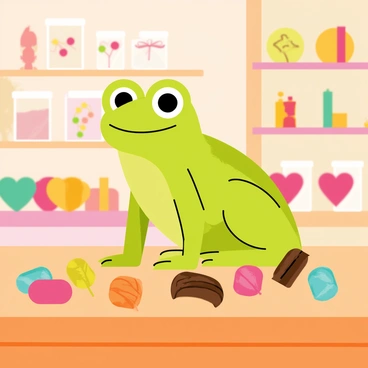 A green frog sitting on a wooden counter in a candy shop. The frog has big, round eyes and is looking curiously at its surroundings. Brightly colored chocolates in various shapes are scattered around the frog, including round chocolates, heart-shaped ones, and chocolate bars wrapped in shiny foil. Jars filled with gummy candies and lollipops are visible in the background, adding to the vibrant scene. The shop has a warm, inviting atmosphere with shelves lined with treats of every kind.