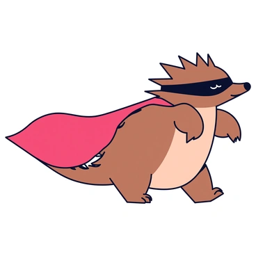 An echidna with spiky quills and a brownish color is wearing a bright red superhero cape that flows behind it. The echidna has a black mask covering its eyes, adding a sense of mystery. It stands confidently on its hind legs, with its small claws ready for action. The background features a simple, unobtrusive landscape that emphasizes the echidna's heroic stance.