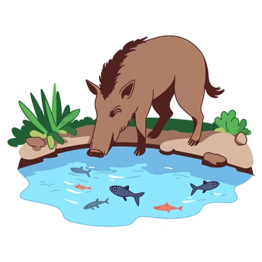 A brown wild boar is standing on the edge of a clear pond, its snout pointed towards the water. The surface of the pond reflects the sunlight, creating shimmering patterns. Beneath the surface, several small fish are swimming gracefully, their scales glimmering. Surrounding the pond, there are lush green plants and a few rocks, adding texture to the scene. The boar has a curious expression as it gazes intently into the water.